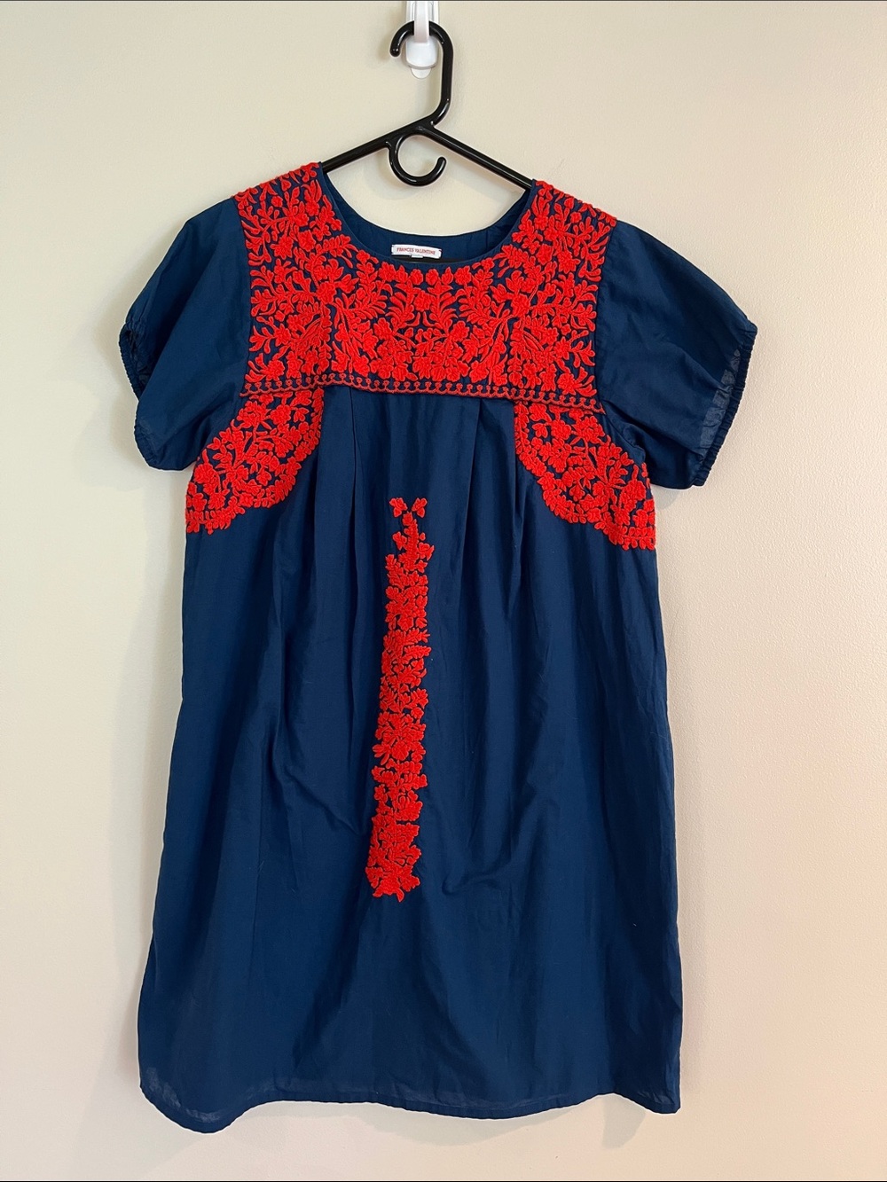 Frances Valentine s/s Navy Mini Dress with Red Embroidery cotton lightweight L